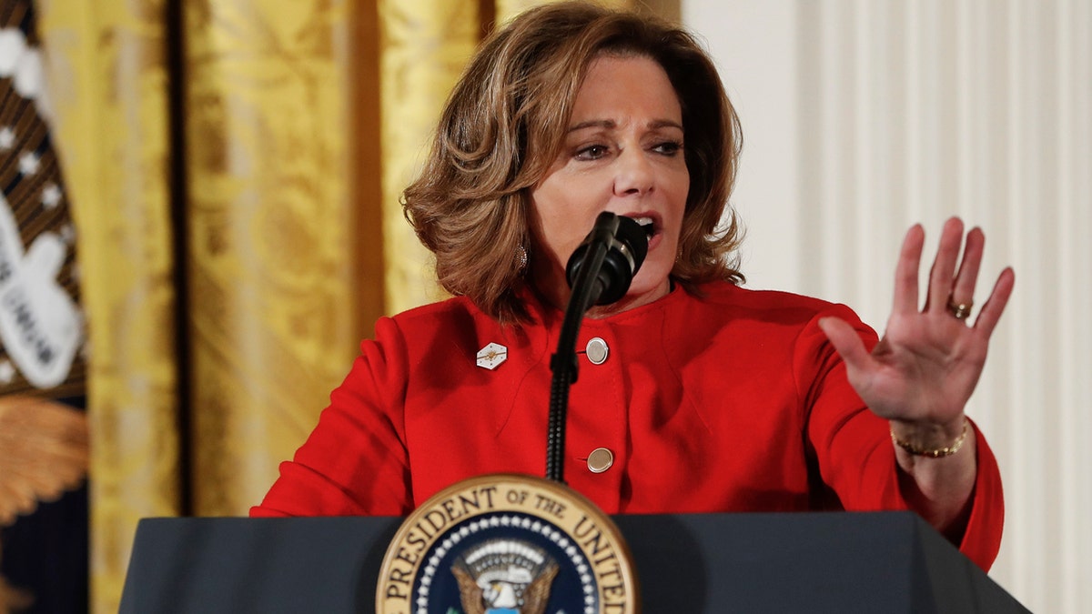 FILE - In this Wednesday, March 29, 2017, file photo, Deputy National Security Adviser K.T. McFarland speaks at the Women's Empowerment Panel, at the White House in Washington. McFarland, top national security adviser to President Donald Trump, is in line to be U.S. ambassador to Singapore. McFarlands impending move was confirmed Sunday, April 9, 2017, by a senior administration official who spoke on condition of anonymity because the announcement hasnt been made public. The post requires Senate confirmation. (AP Photo/Pablo Martinez Monsivais, File)