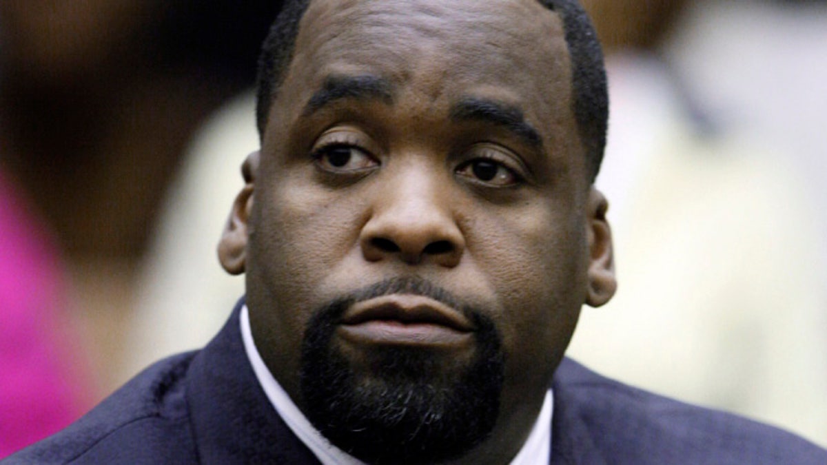 May 25, 2010: In this file photo, former Detroit Mayor Kwame Kilpatrick sits at his sentencing in Wayne County Circuit Court on an obstruction-of-justice conviction. Kilpatrick has been sentenced to 28 years in prison for corruption that turned city hall into a pay-to-play parlor. 