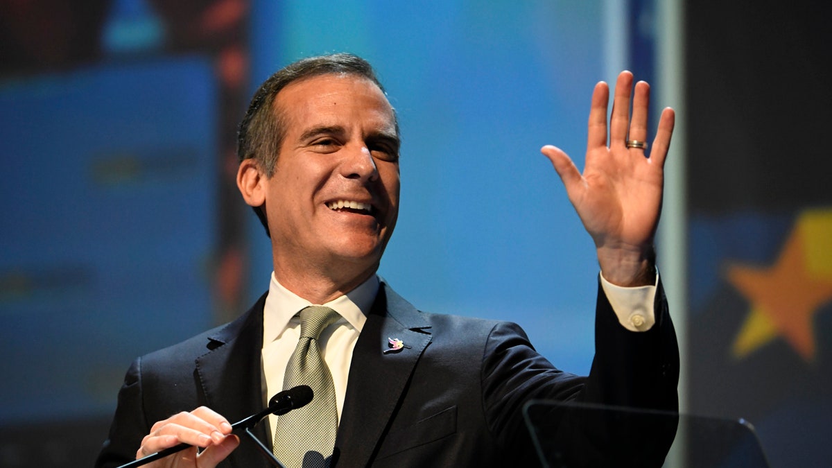 Los Angeles Mayor Eric Garcetti speaks at the 2018 California Democrats State Convention Saturday, Feb. 24, 2018, in San Diego. (AP Photo/Denis Poroy)