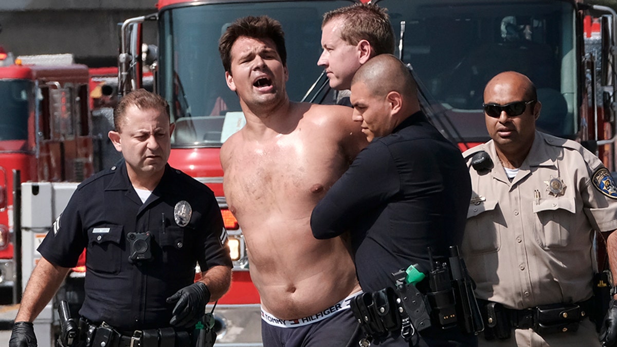 Los Angeles police officer arrest a man after he jumped from a freeway sign onto a safety airbag in downtown Los Angeles, Wednesday, June 27, 2018. The man suspended banners, one about fighting pollution, after climbing onto the sign over State Route 110 during the Wednesday morning rush hour. (AP Photo/Richard Vogel)
