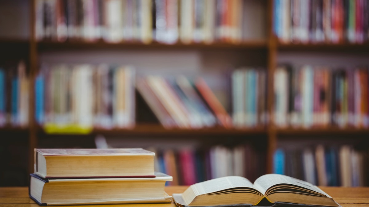 Books on desk in library at the elementary school