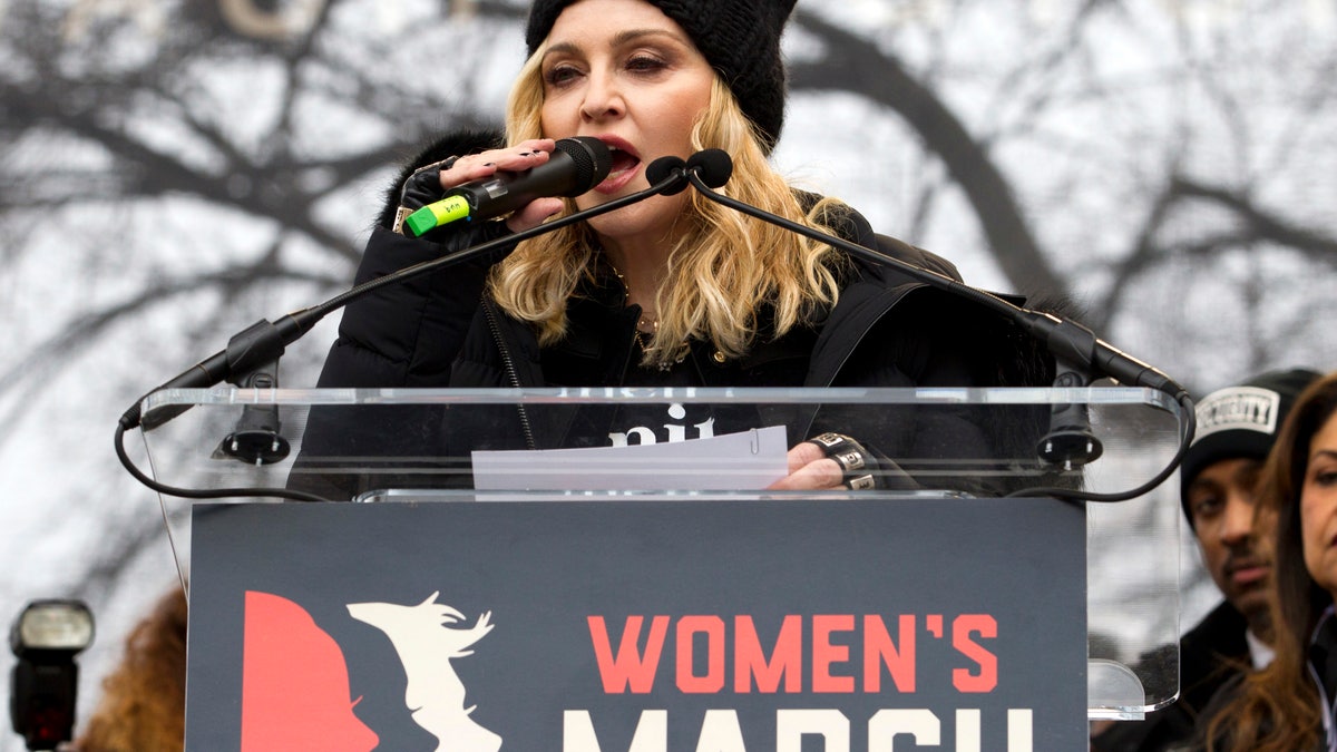 Madonna speaks during the Women's March on Washington, Saturday, Jan. 21, 2017, in Washington. (AP Photo/Jose Luis Magana)