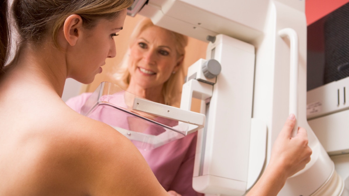 Nurse Assisting Patient Undergoing Mammogram