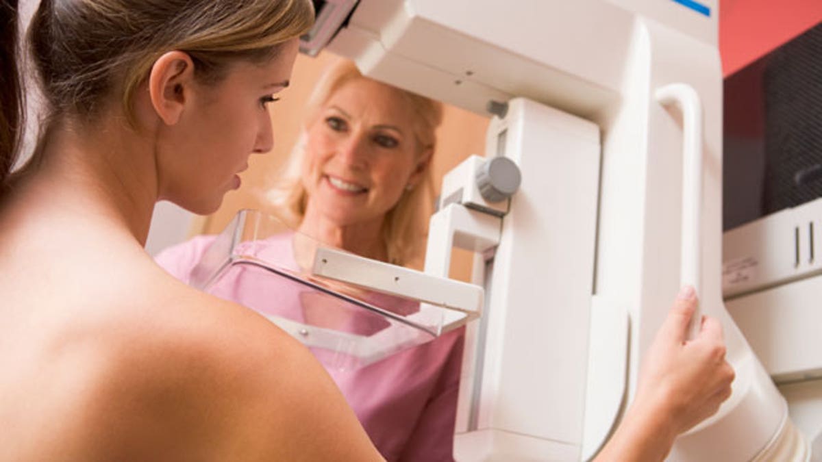 4021115a-Nurse Assisting Patient Undergoing Mammogram