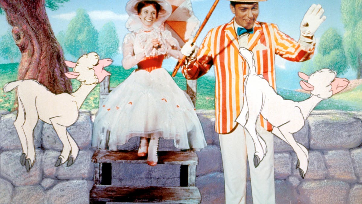 This promotional photo provided by Disney Home Entertainment shows actors Julie Andrews as Mary Poppins and Dick Van Dyke as Bert in a scene from the 40th anniversary edition of the Disney DVD. (AP Photo/Disney Home Entertainment)