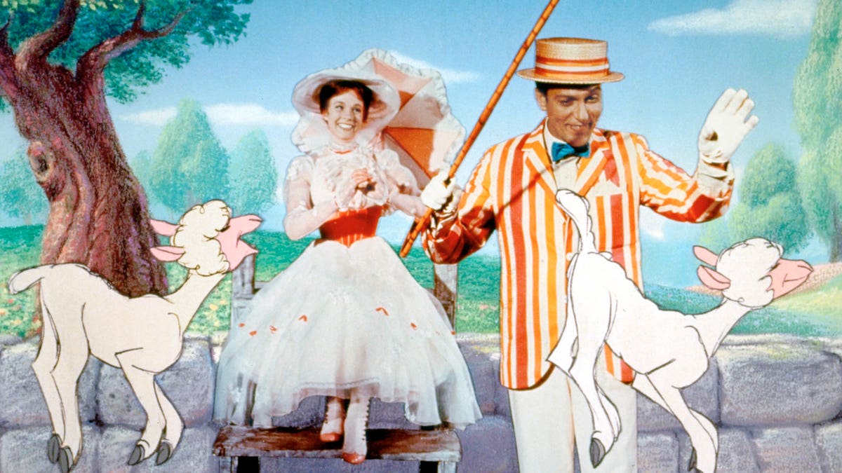 This promotional photo provided by Disney Home Entertainment shows actors Julie Andrews as Mary Poppins and Dick Van Dyke as Bert in a scene from the 40th anniversary edition of the Disney DVD. (AP Photo/Disney Home Entertainment)