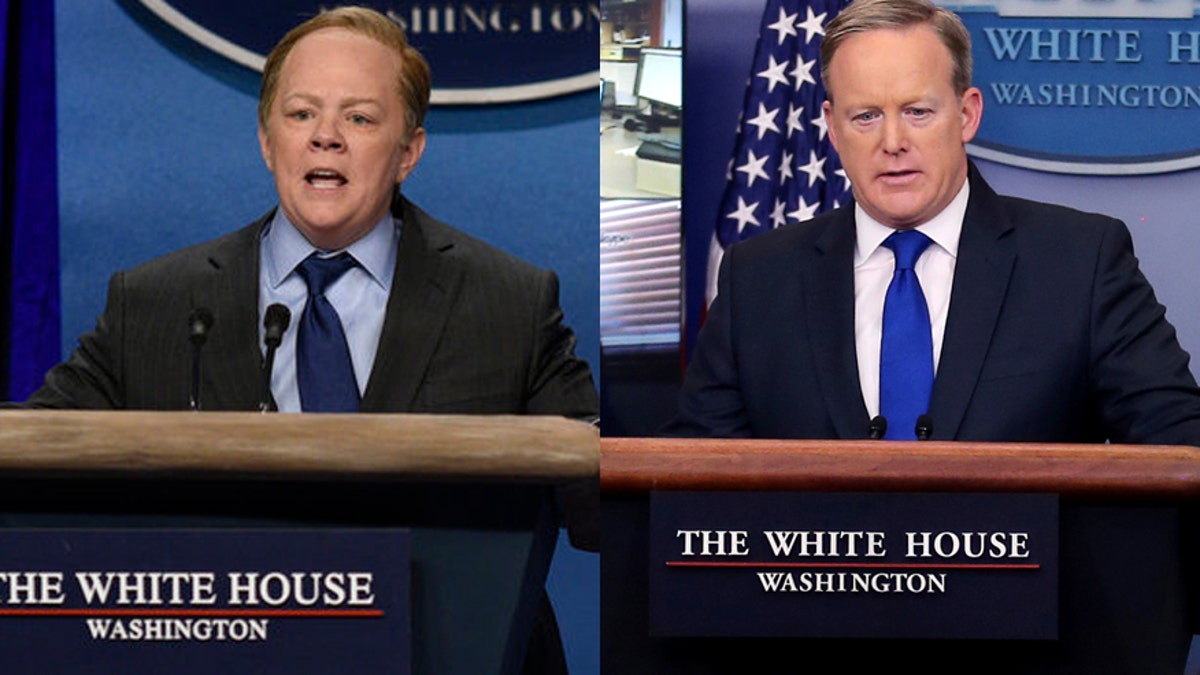 Actress Melissa McCarthy (left) as Press Secretary Sean Spicer on 