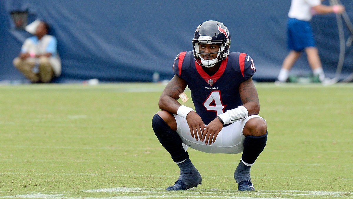 Houston Texans quarterback Deshaun Watson pauses on the field after time ran out in the fourth quarter and the Texans' final drive ended in an NFL football game against the Tennessee Titans Sunday, Sept. 16, 2018, in Nashville, Tenn. The Titans won 20-17. (AP Photo/Mark Zaleski)