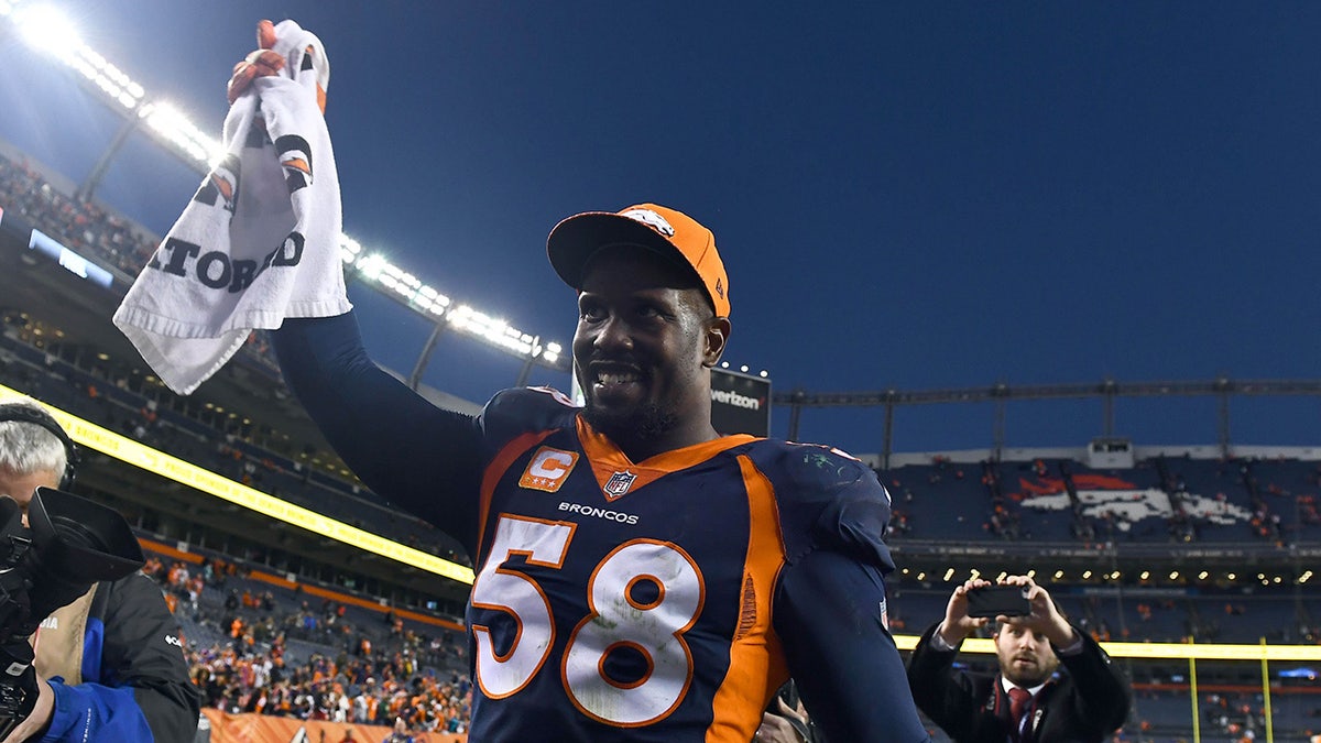 Dec 10, 2017; Denver, CO, USA; Denver Broncos outside linebacker Von Miller (58) following the win over the New York Jets at Sports Authority Field at Mile High. Mandatory Credit: Ron Chenoy-USA TODAY Sports - 10472741