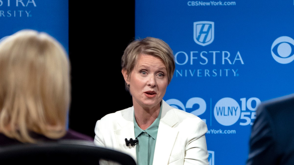 Democratic New York gubernatorial candidate Cynthia Nixon answers a question during a gubernatorial debate with New York Gov. Andrew Cuomo at Hofstra University in Hempstead, N.Y., Wednesday, Aug. 29, 2018. (AP Photo/Craig Ruttle, Pool)