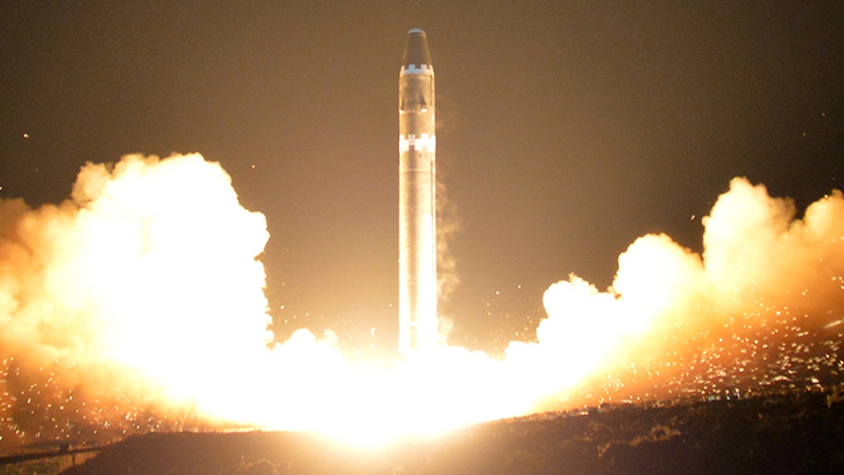 A view of the newly developed intercontinental ballistic rocket Hwasong-15's test