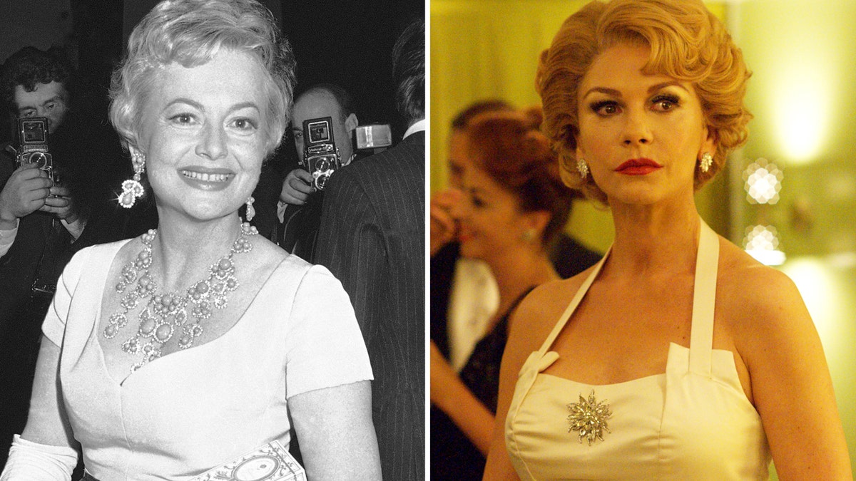 In this combination photo, actress Olivia de Havilland appears in Rome on Oct. 4, 1968, left, and actress Catherine Zeta-Jones portrays de Havilland in a scene from the FX series, 