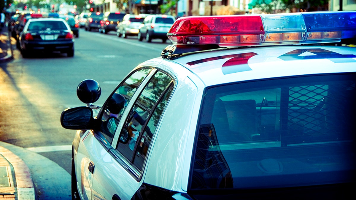 A police car parked in the city.