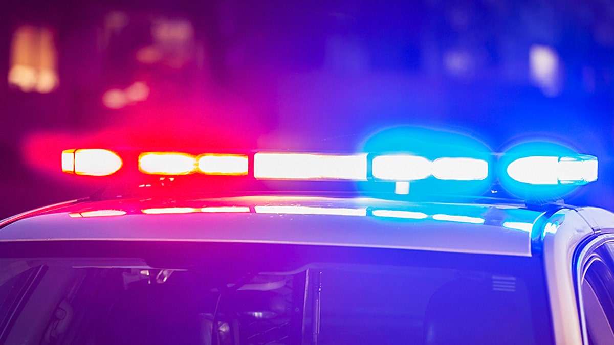 The roof of a police patrol car at night, with the blue and red lights flashing.