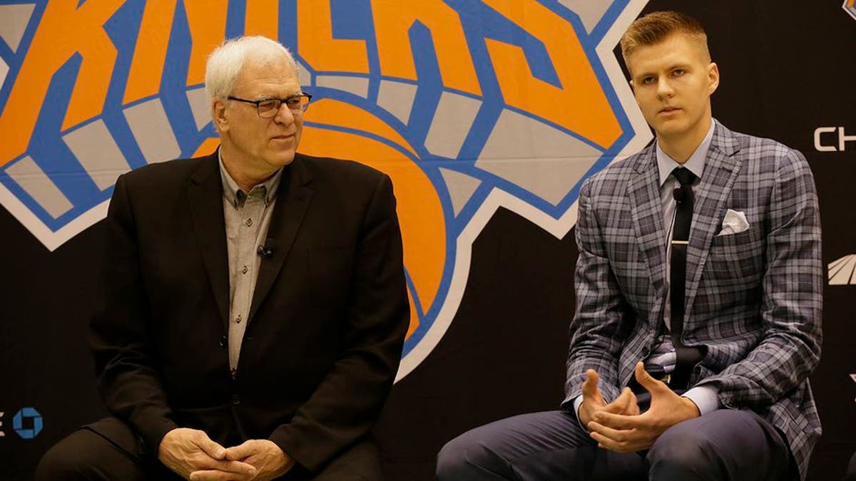 TARRYTOWN, NY - JUNE 26: Kristaps Porzingis, first round Draft pick of the New York Knicks speaks to the media at the Madison Square Garden Training Facility on June 26, 2015 in Tarrytown, New York. NOTE TO USER: User expressly acknowledges and agrees that, by downloading and or using this photograph, User is consenting to the terms and conditions of the Getty Images License Agreement. Mandatory Copyright Notice: Copyright 2015 NBAE (Photo by Steven Freeman/NBAE via Getty Images)