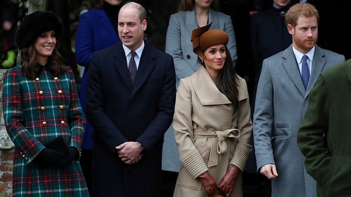 Britain's Catherine, Duchess of Cambridge, Prince William, Duke of Cambridge, Meghan Markle and Prince Harry leave St Mary Magdalene's church after the Royal Family's Christmas Day service on the Sandringham estate in eastern England, Britain, December 25, 2017. REUTERS/Hannah McKay - RC117DF76700