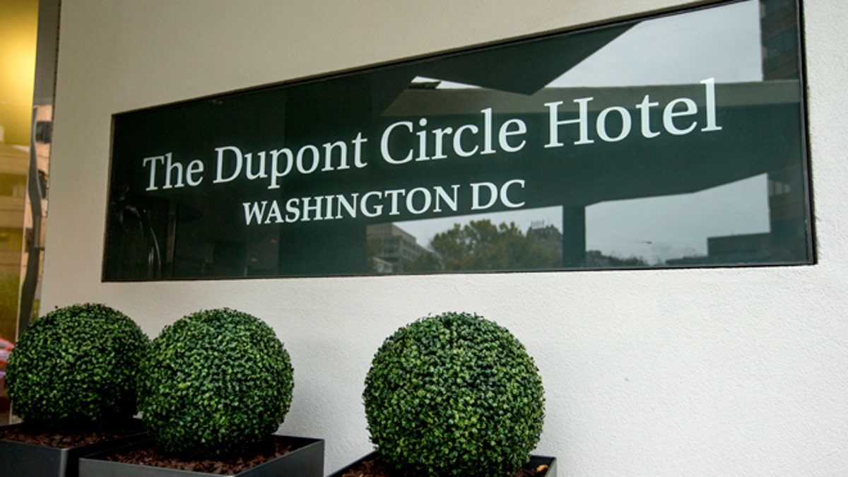 FILE - In this Nov. 7, 2015, file photo, the Dupont Circle Hotel in Washington where  Mikhail Lesin, a former aide to Russian President Vladimir Putin, was found dead on Nov. 5, 2015. Nearly a year after the curious death of Lesin in the Washington hotel, authorities announced Friday, Oct. 28, 2016, that he died accidentally from numerous bodily injuries after 