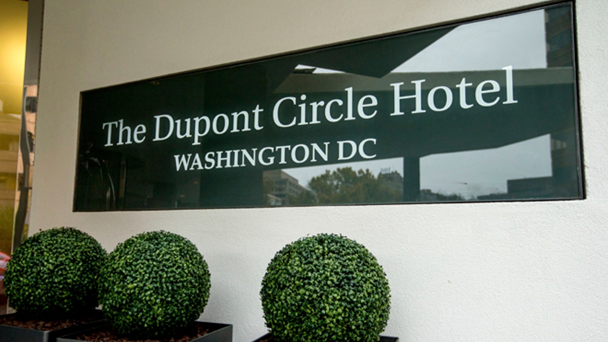 FILE - In this Nov. 7, 2015, file photo, the Dupont Circle Hotel in Washington where  Mikhail Lesin, a former aide to Russian President Vladimir Putin, was found dead on Nov. 5, 2015. Nearly a year after the curious death of Lesin in the Washington hotel, authorities announced Friday, Oct. 28, 2016, that he died accidentally from numerous bodily injuries after 