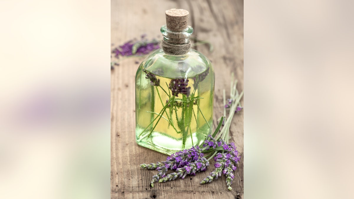 bottle of lavender oil with fresh flowers