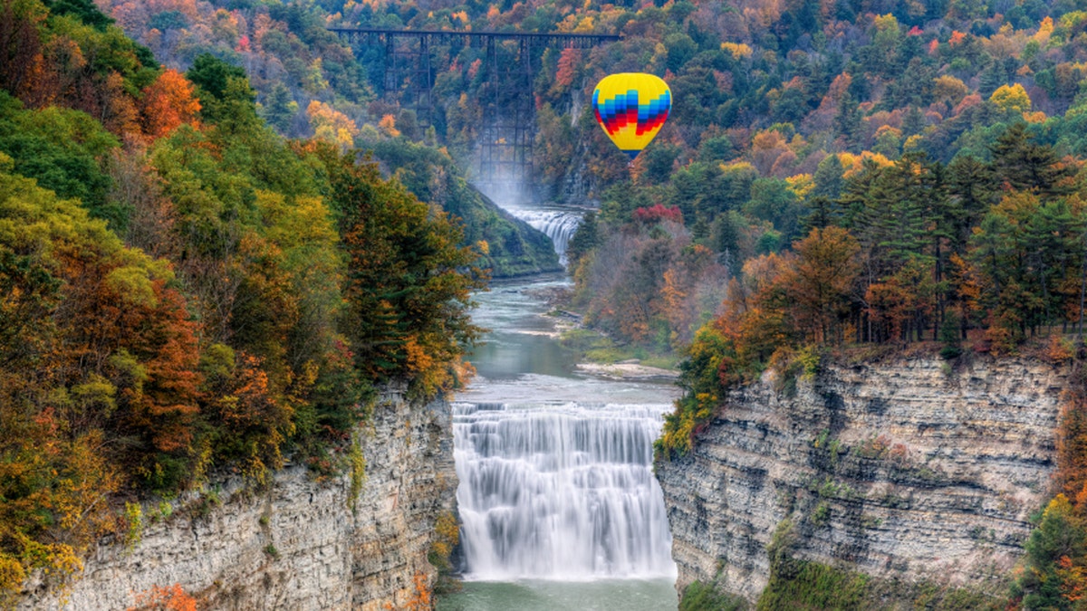 Hot Air Balloon Over The Middle Falls At Letchworth State Park