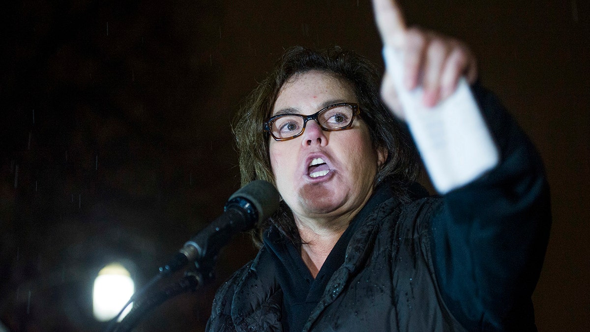 In this Feb. 28, 2017 file photo, Rosie O'Donnell speaks at a rally calling for resistance to President Donald Trump in Lafayette Park in front of the White House in Washington. OâDonnell and cast members from some of Broadway's biggest musicals led a sing-along protest against Trump outside the White House on Monday, Aug. 6, 2018.