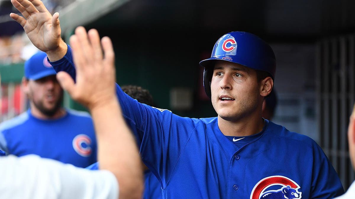 Jun 27, 2017; Washington, DC, USA; Chicago Cubs first baseman Anthony Rizzo (44) is congratulated in the dugout after scoring a run against the Washington Nationals during the first inning at Nationals Park. Mandatory Credit: Brad Mills-USA TODAY Sports - 10134092