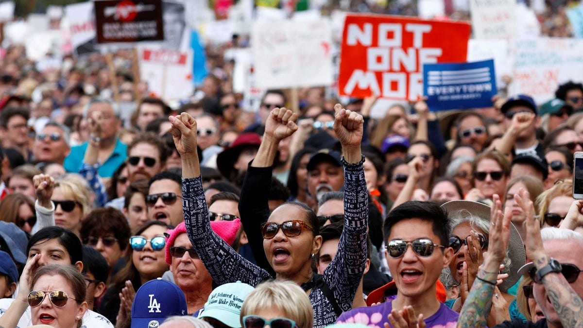 People hold signs and cheer during 