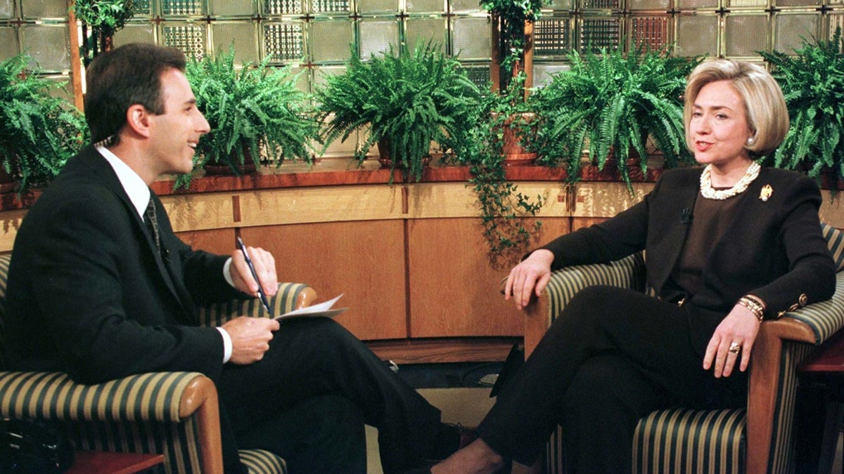 First lady Hillary Rodham Clinton (R) speaks with host Matt Lauer during an interview on NBC's 