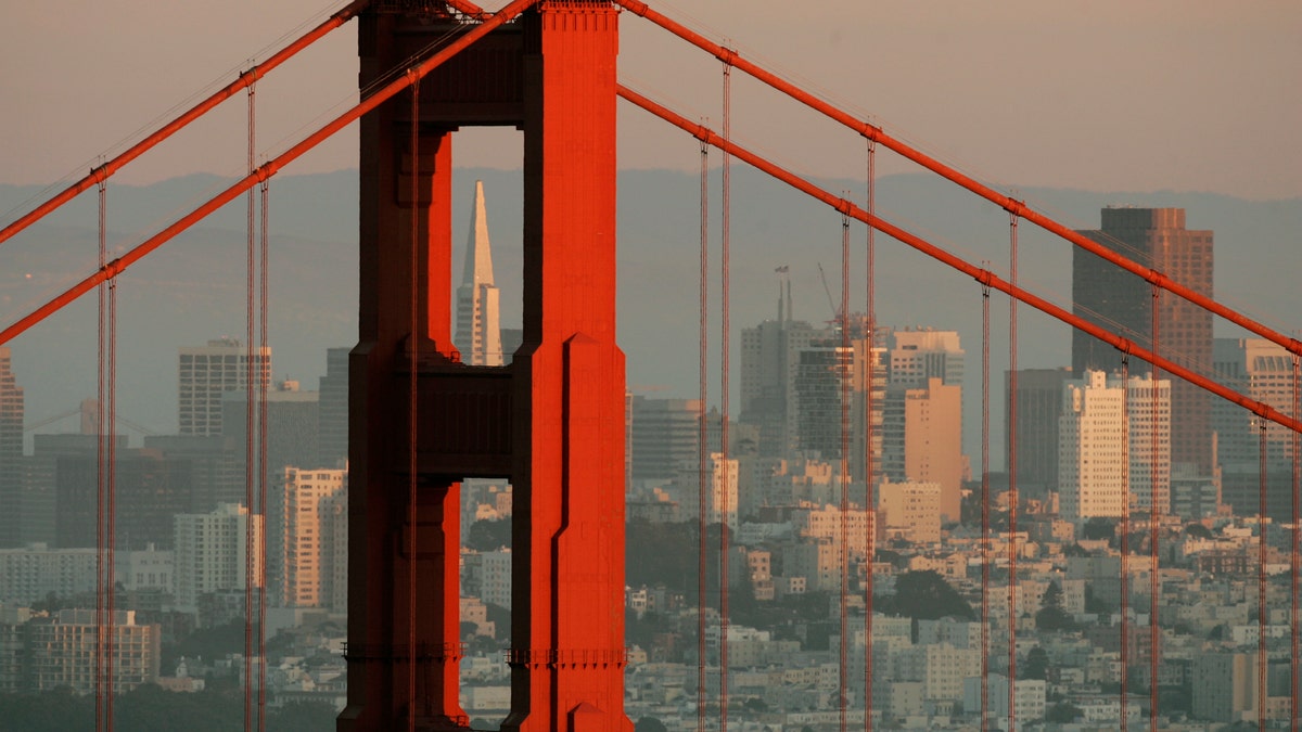 The skyline of San Francisco, California showing the Transamerica Building framed by the north tower of the Golden Gate Bridge is pictured at sunset February 27, 2008. REUTERS/Robert Galbraith (UNITED STATES) - RTR1XNYT