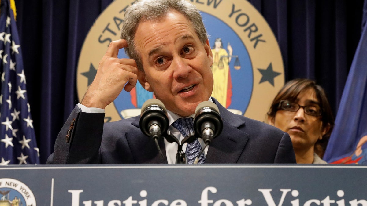 New York Attorney General Eric Schneiderman speaks during a news conference to discuss the civil rights lawsuit filed against The Weinstein Companies and Harvey Weinstein in New York, U.S., February 12, 2018. REUTERS/Brendan McDermid - RC1CFBA91EC0
