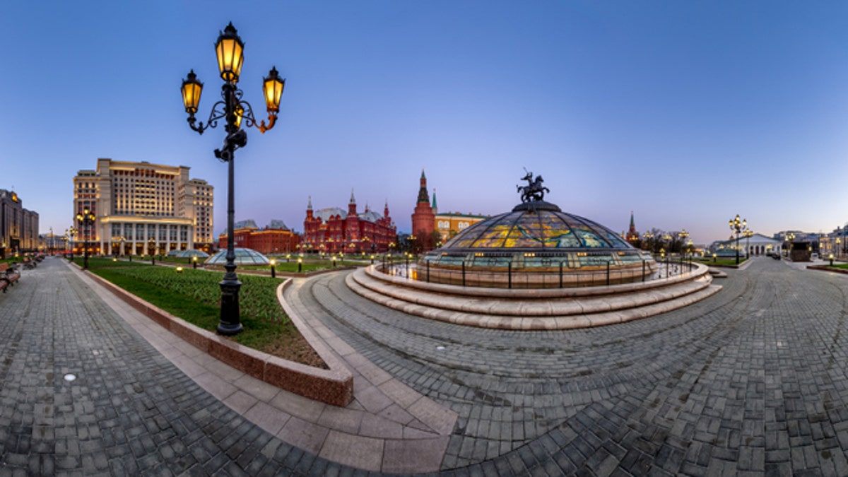 Panorama of Manege Square and Moscow Kremlin in the Evening, Moscow, Russia