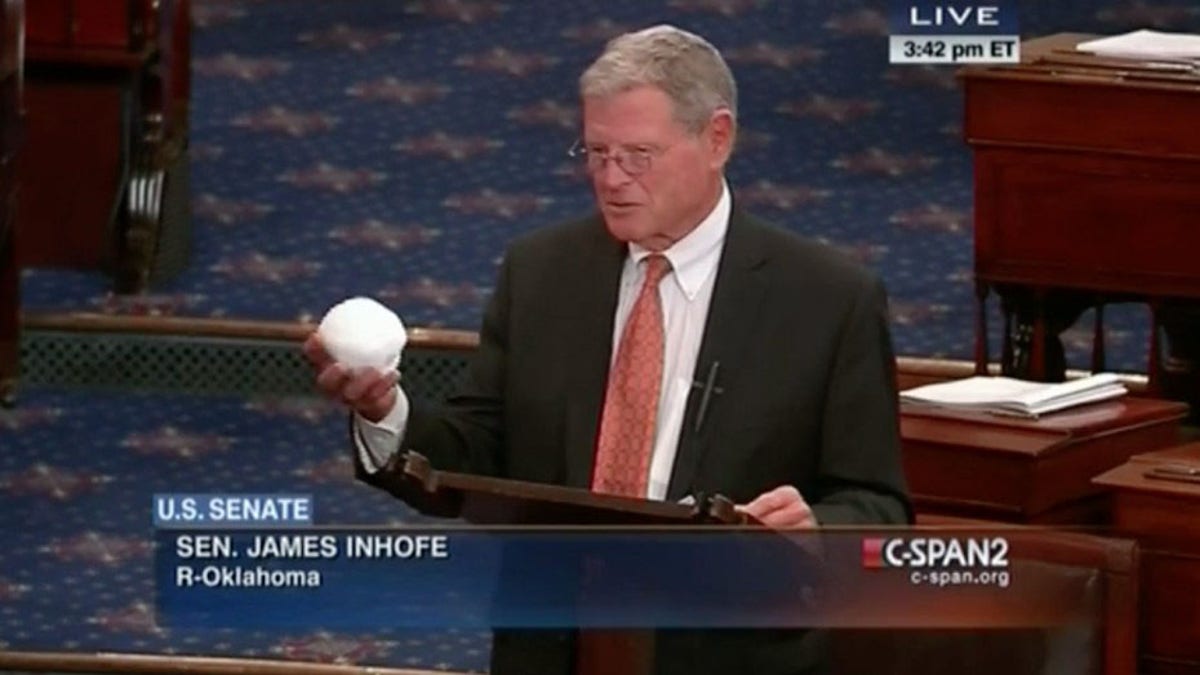 Sen. James Inhofe, R-Okla., holds up a snowball during a speech on the Senate floor on February 26, 2015. (Screenshot from C-SPAN)