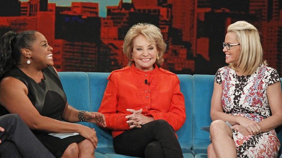 This June 25, 2014 photo released by ABC shows, from left, Sherri Shepherd, Barbara Walters and Jenny McCarthy on the daytime talk show 