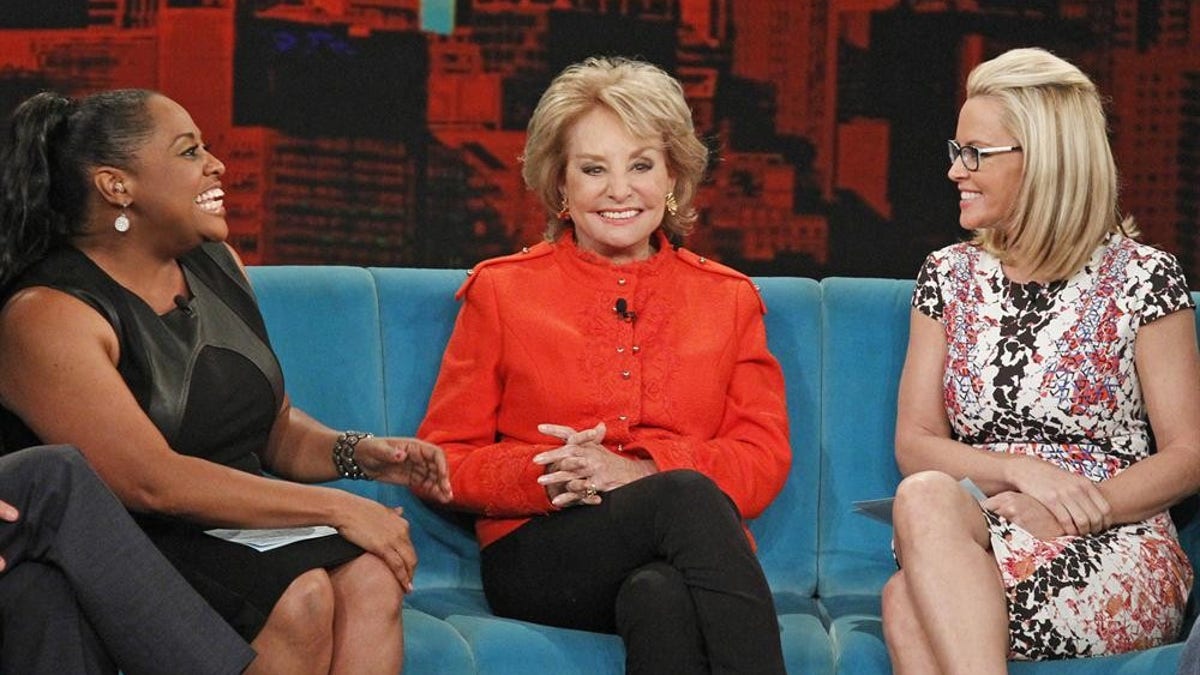 This June 25, 2014 photo released by ABC shows, from left, Sherri Shepherd, Barbara Walters and Jenny McCarthy on the daytime talk show 