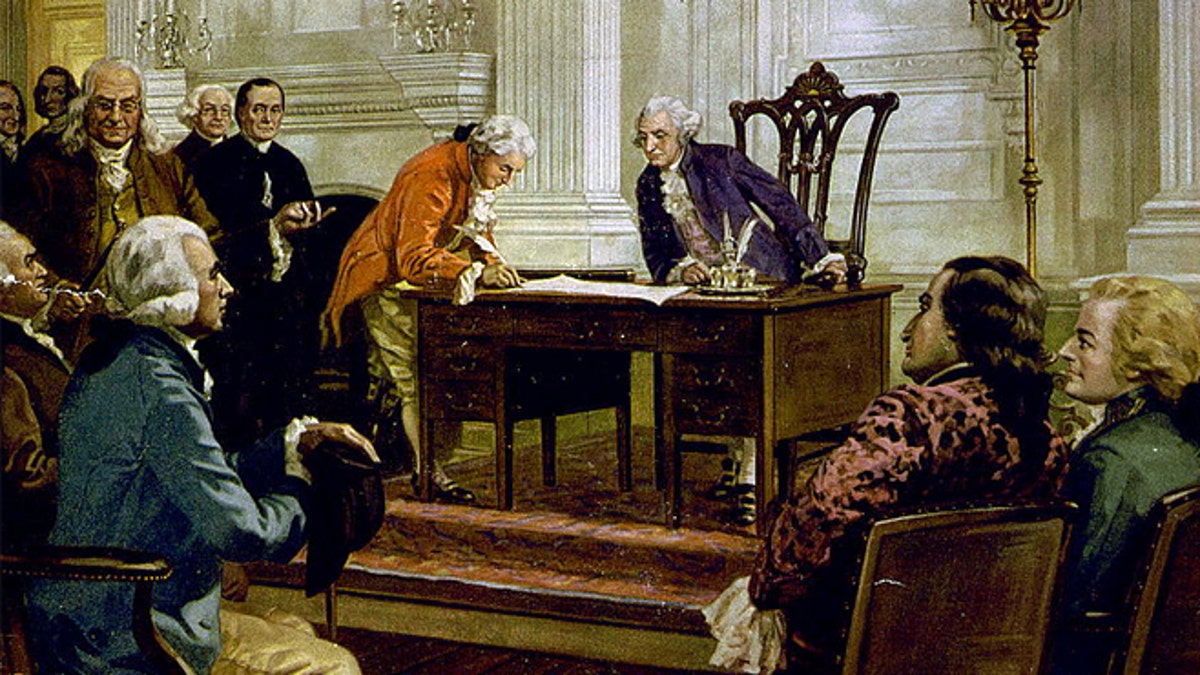 A reproduction of a painting of George Washington, Benjamin Franklin and others signing the U.S. Constitution in Philadelphia, Pennsylvania.