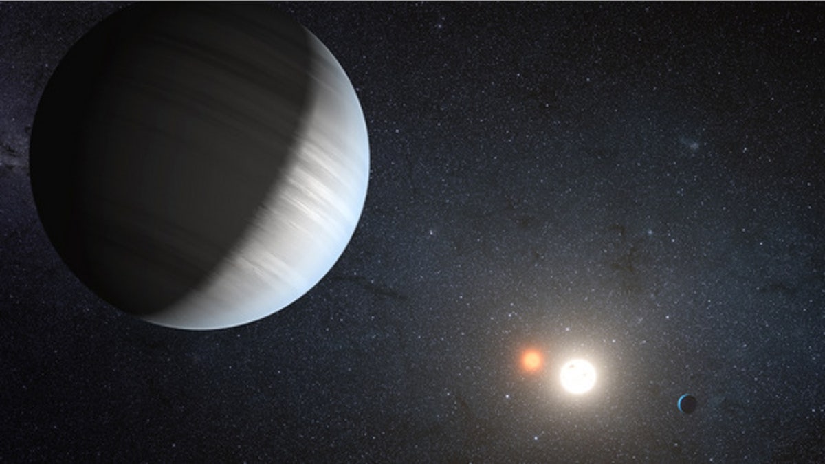 An artist's illustration of the alien solar system Kepler-47, a twin star system that is home to two planets. The planets have two suns like the fictional planet Tatooine in the 