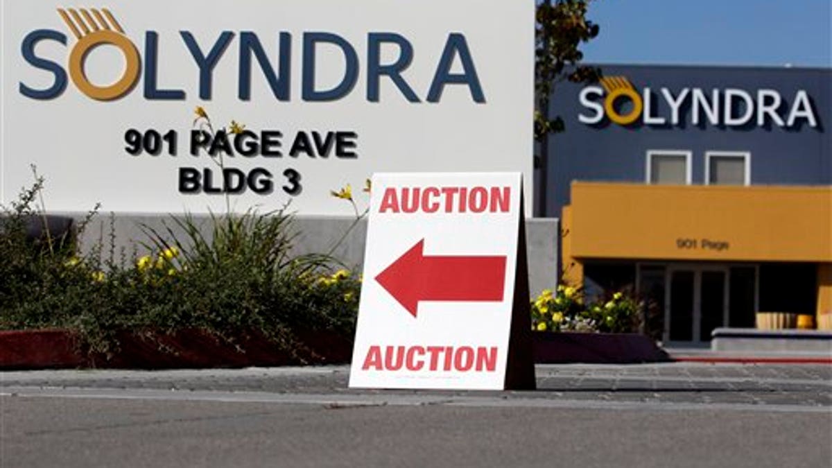 Oct. 31, 2011: An auction sign is shown at bankrupt Solyndra headquarters in Fremont, Calif.,  before Wednesday's auction. Solyndra received a one half billion dollar loan guarantee from the government before filing for bankruptcy in Sept. 2011. 