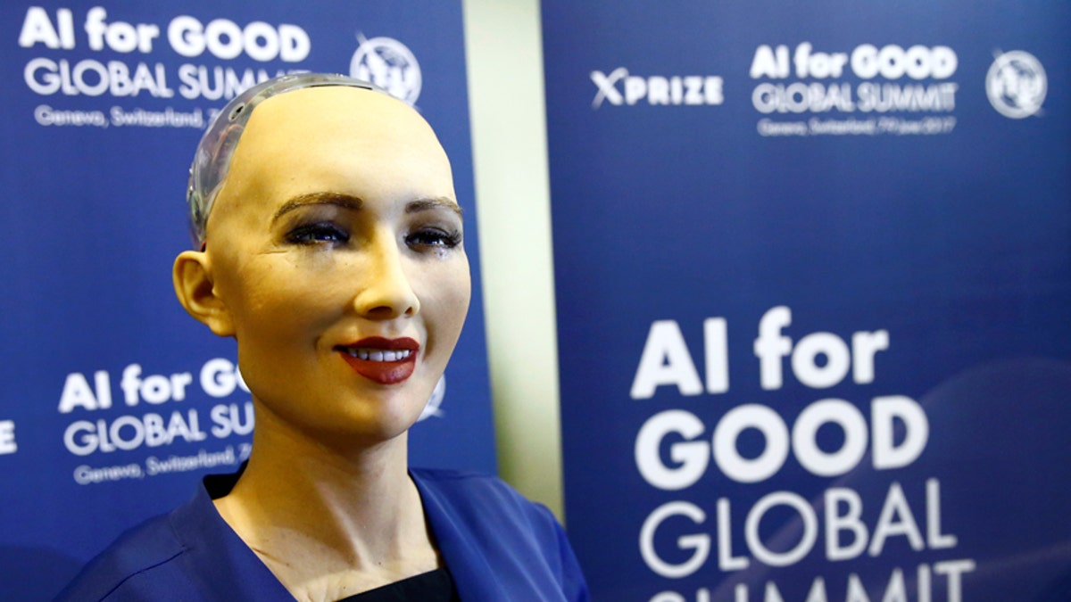 Sophia, a robot integrating the latest technologies and artificial intelligence developed by Hanson Robotics is pictured during a presentation at the 