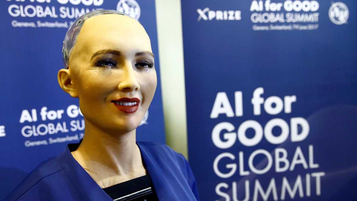 Sophia, a robot integrating the latest technologies and artificial intelligence developed by Hanson Robotics is pictured during a presentation at the 