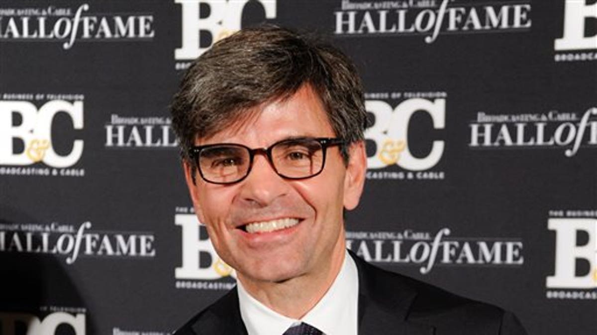 FILE - This Oct. 20, 2014 file photo shows George Stephanopoulos at the 24th Annual Broadcasting and Cable Hall of Fame Awards in New York. Stephanopoulos has apologized for not notifying his employer and viewers about two contributions totaling $50,000 that he made to the Clinton Foundation. ABC's news division said Thursday, May 15, 2015, that 
