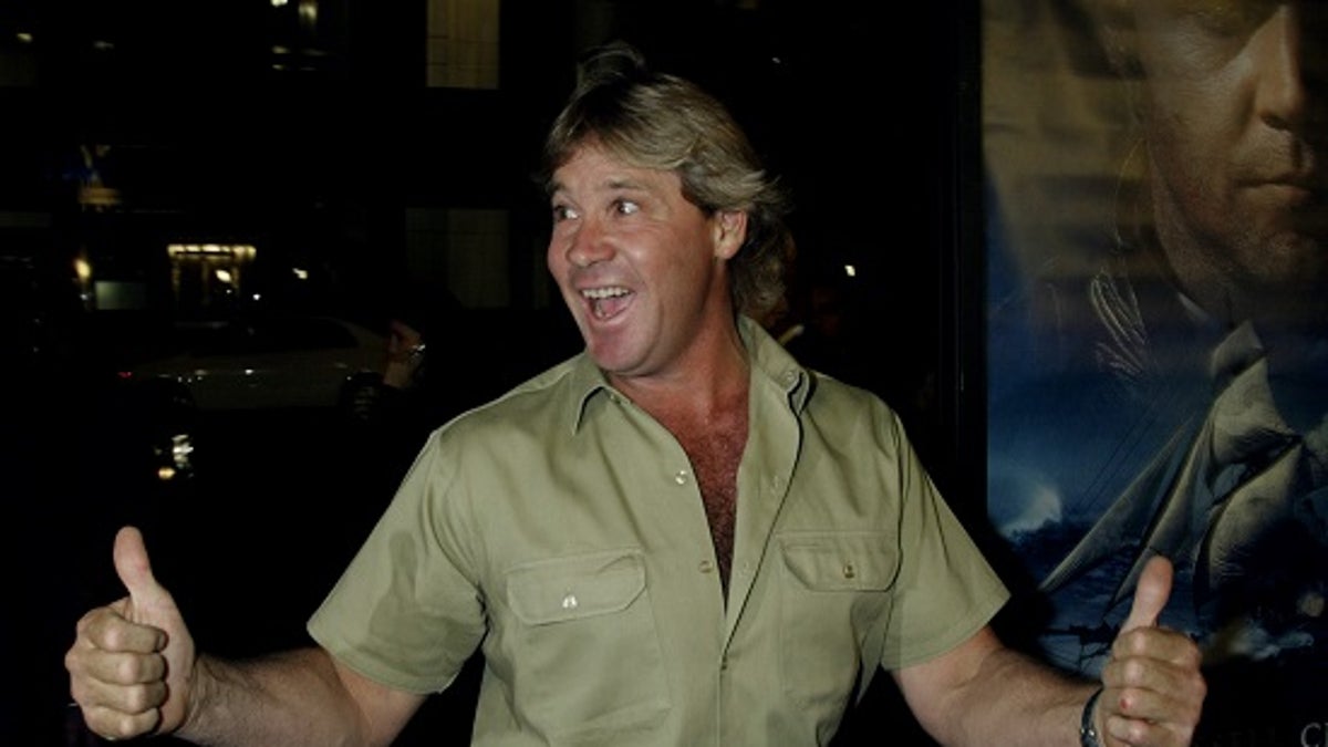 Australian Steve Irwin, host of the television program "The Crocodile Hunter" poses as he arrives as a guest at the premiere of the new film "Master and Commander The Far Side of the World" in Beverly Hills November 11, 2003. The film, stars Russell Crowe and opens November 14, 2003 in the United States. REUTERS/Fred Prouser FSP - RTR6Q9P