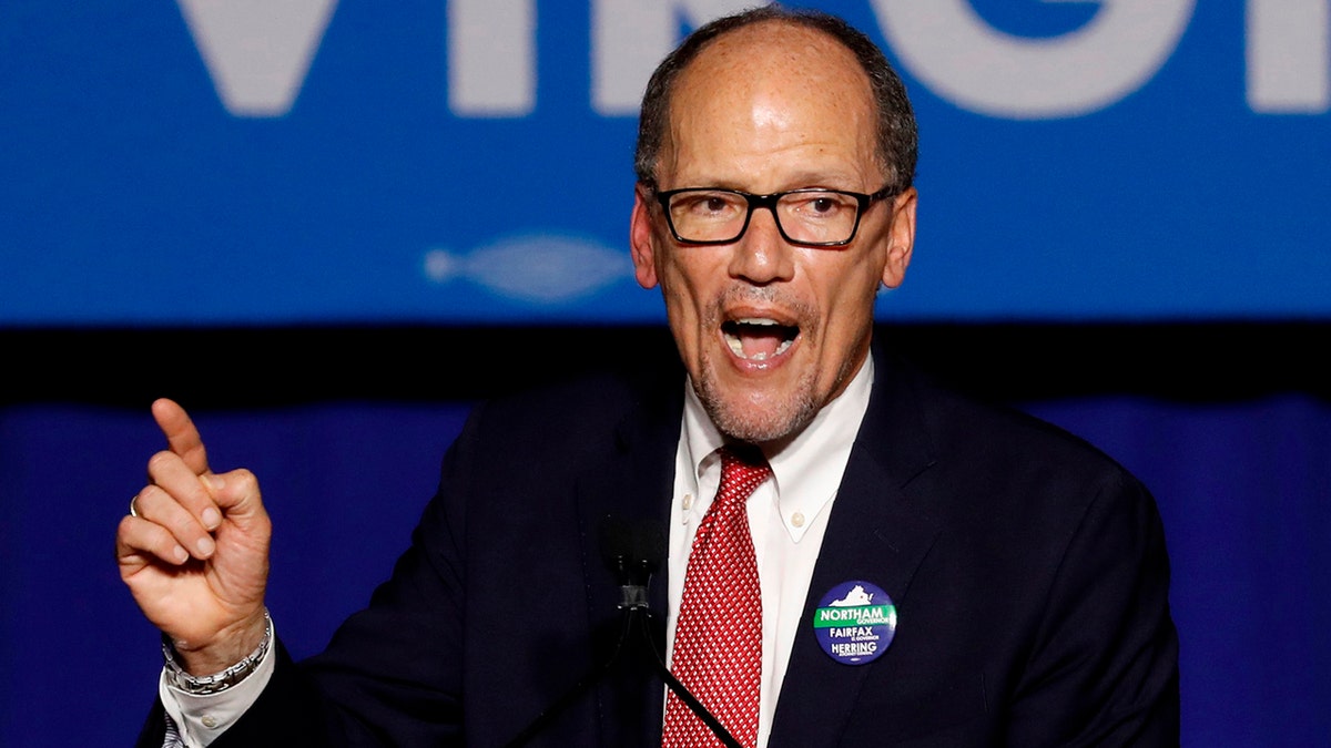 Democratic National Committee Chairman Tom Perez speaks at Ralph Northam's election night rally on the campus of George Mason University in Fairfax, Virginia, November 7, 2017. REUTERS/Aaron P. Bernstein - HP1EDB80BPO1W