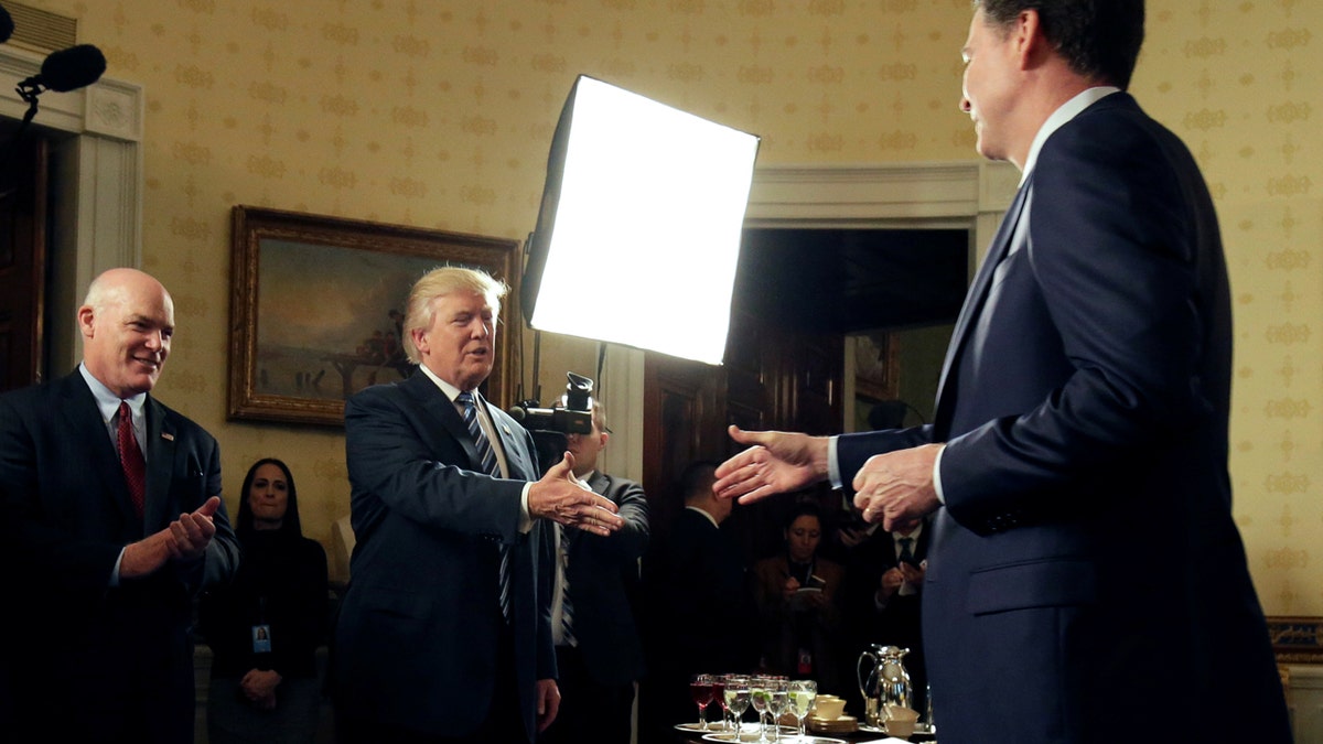 U.S. President Donald Trump greets Director of the FBI James Comey as Director of the Secret Service Joseph Clancy (L) watches during the Inaugural Law Enforcement Officers and First Responders Reception in the Blue Room of the White House in Washington, U.S., January 22, 2017. REUTERS/Joshua Roberts TPX IMAGES OF THE DAY - RTSWV9G