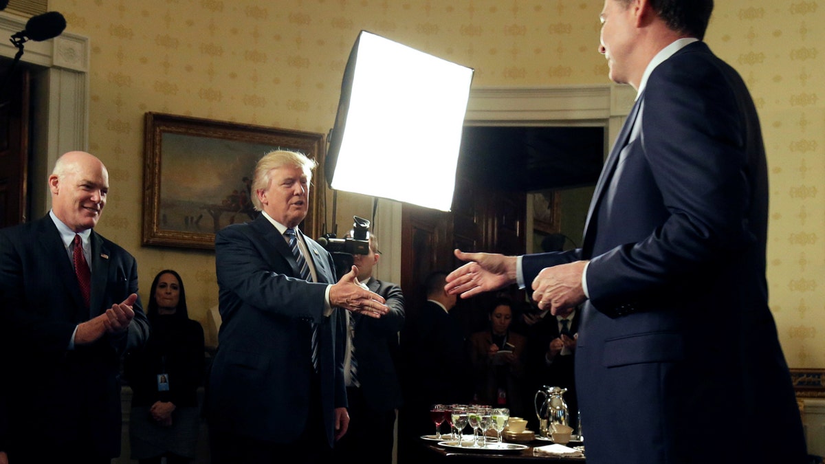 U.S. President Donald Trump greets Director of the FBI James Comey as Director of the Secret Service Joseph Clancy (L) watches during the Inaugural Law Enforcement Officers and First Responders Reception in the Blue Room of the White House in Washington, U.S., January 22, 2017. REUTERS/Joshua Roberts TPX IMAGES OF THE DAY - RTSWV9G