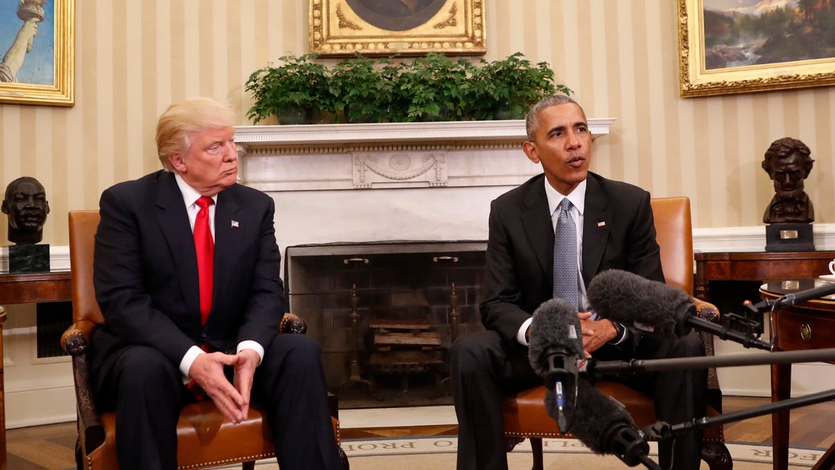 In this photo taken Nov. 10, 2016, President Barack Obama meets with President-elect Donald Trump in the Oval Office of the White House in Washington. White House officials say President Barack Obama is prepared to spend his final major foreign trip talking about Donald Trump. Obama leaves Monday, Nov. 14, 2016, for a six-day trip to Greece, Germany and Peru. In Greece, heââ¬â¢ll tour the Parthenon, give a speech about globalization and meet with Prime Minister Alexis Tsipras. (AP Photo/Pablo Martinez Monsivais)