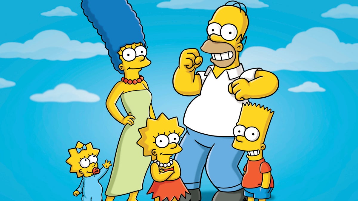 This undated publicity photo released by Fox, shows, from left, from left, Maggie, Marge, Lisa, Homer and Bart  from the animated series, 