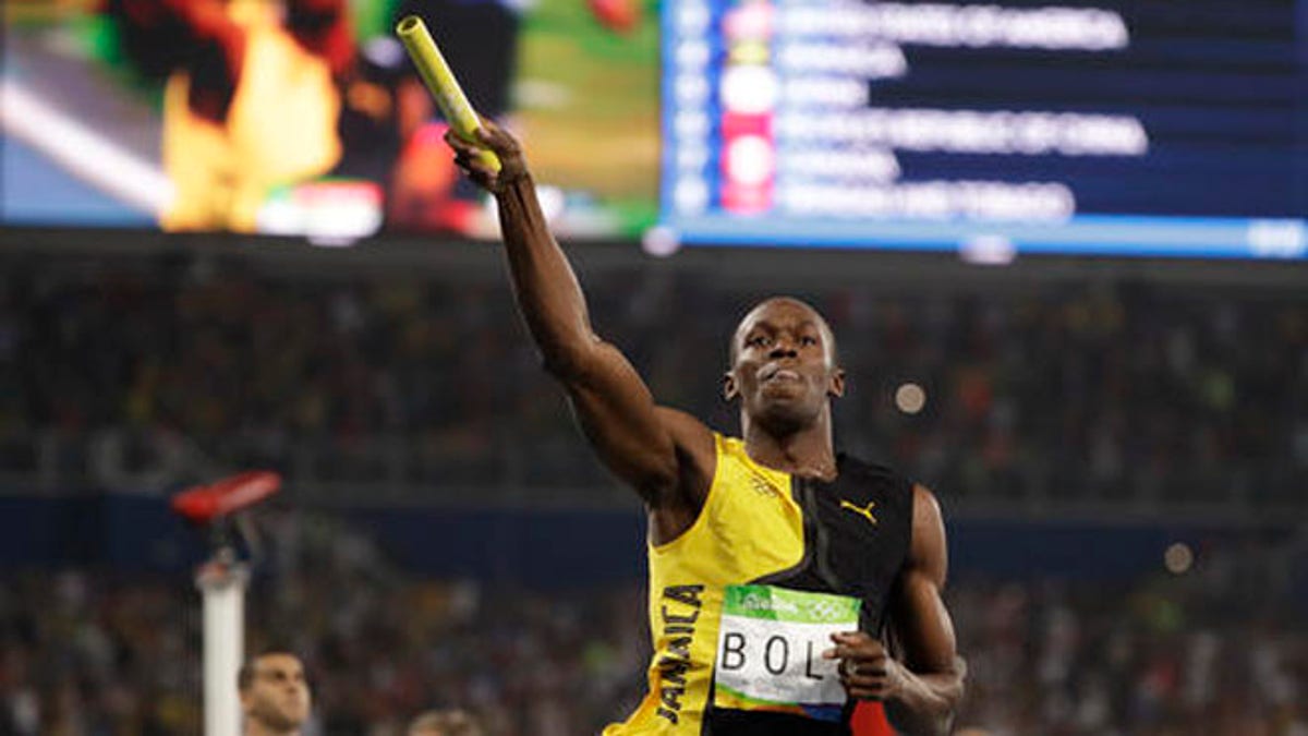 Jamaica's Usain Bolt celebrates winning the gold medal in the men's 4x100-meter relay final during the athletics competitions of the 2016 Summer Olympics at the Olympic stadium in Rio de Janeiro, Brazil, Friday, Aug. 19, 2016. (AP Photo/David J. Phillip)