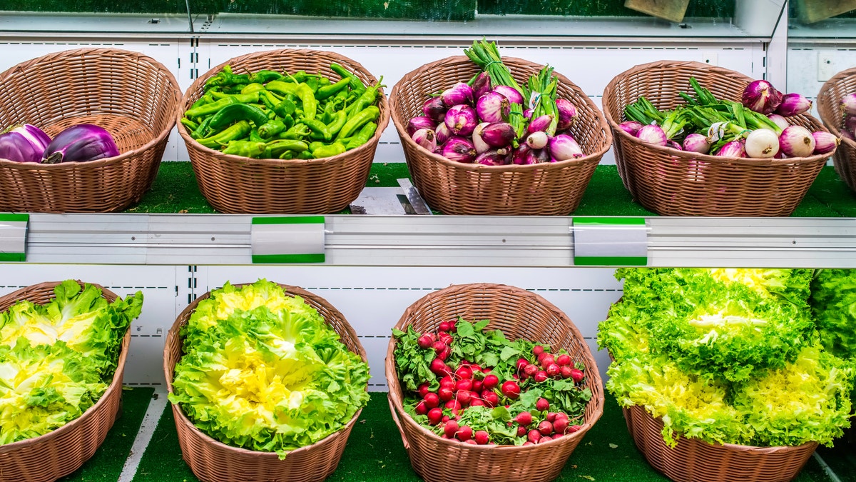 Fruits and vegetables on a supermarket shelf