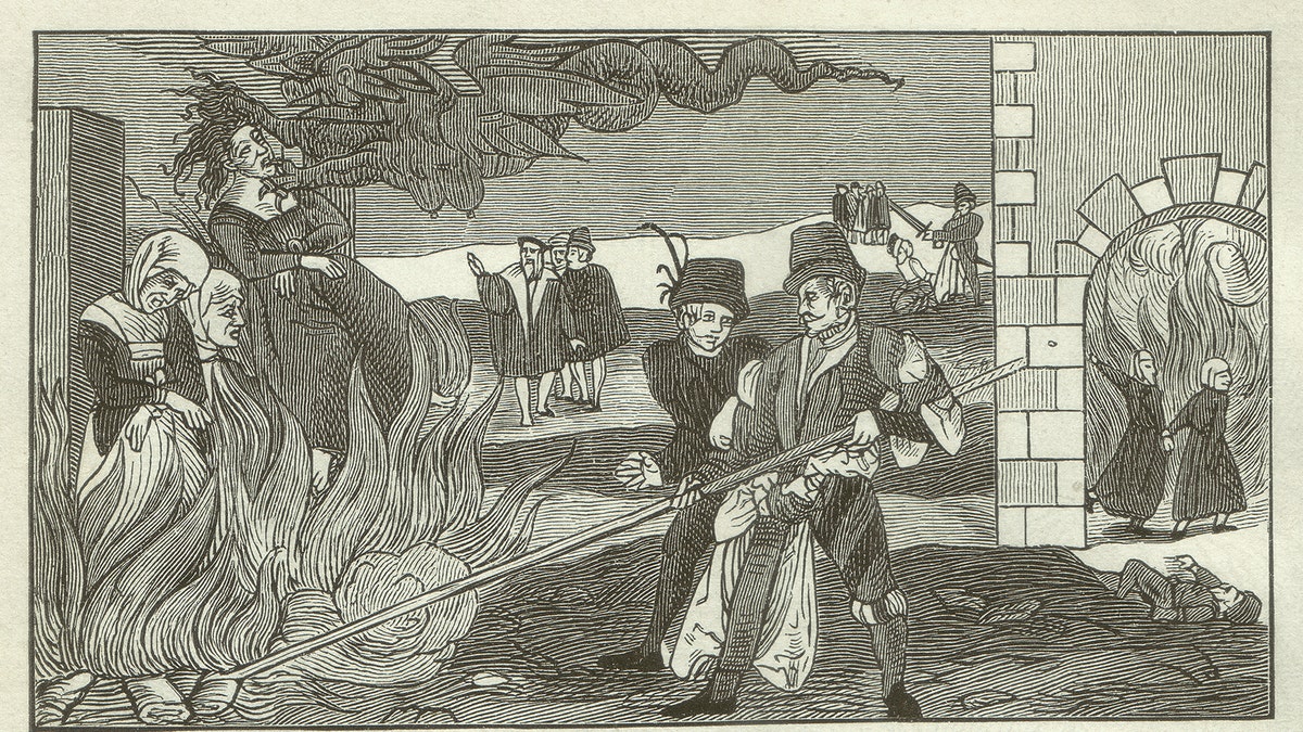 Witch-burning in the county Reinstein (Regenstein, Saxony-Anhalt, Germany) in 1555. Woodcut engraving after an original of a leaflet in the Collections of the Germanisches Nationalmusem in Nuremberg, published in 1881.