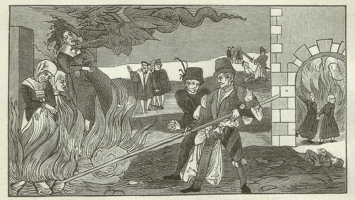 Witch-burning in the county Reinstein (Regenstein, Saxony-Anhalt, Germany) in 1555. Woodcut engraving after an original of a leaflet in the Collections of the Germanisches Nationalmusem in Nuremberg, published in 1881.